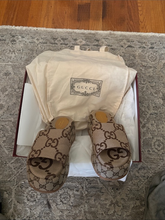 Gucci Shoes - Gucci Brown GG Canvas Platform Slide Sandals